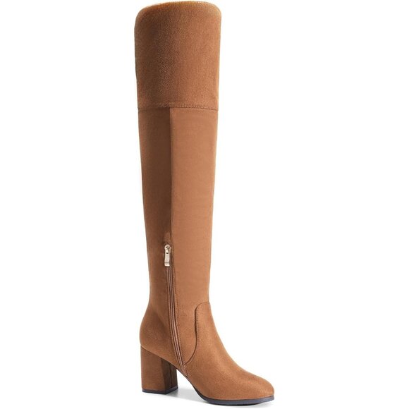 Women's Brown-suede Faux Suede Thigh High Block Heel Over The Knee Long Boot - Picture 2 of 5